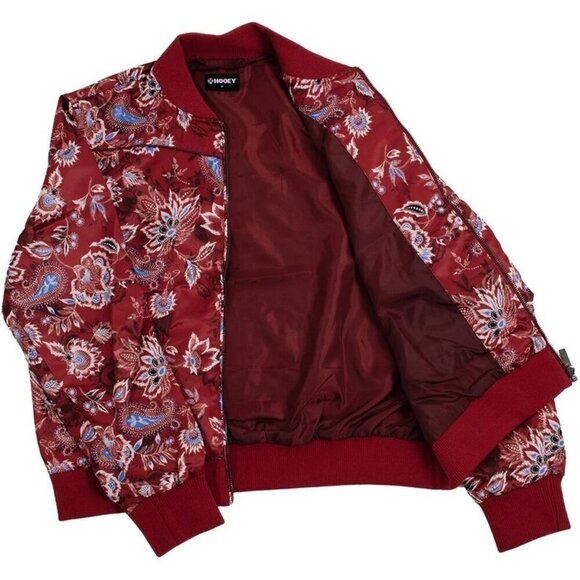 Hooey Women's Floral Print Satin Bomber Full Zip Jacket - Wine Red - Picture 2 of 6